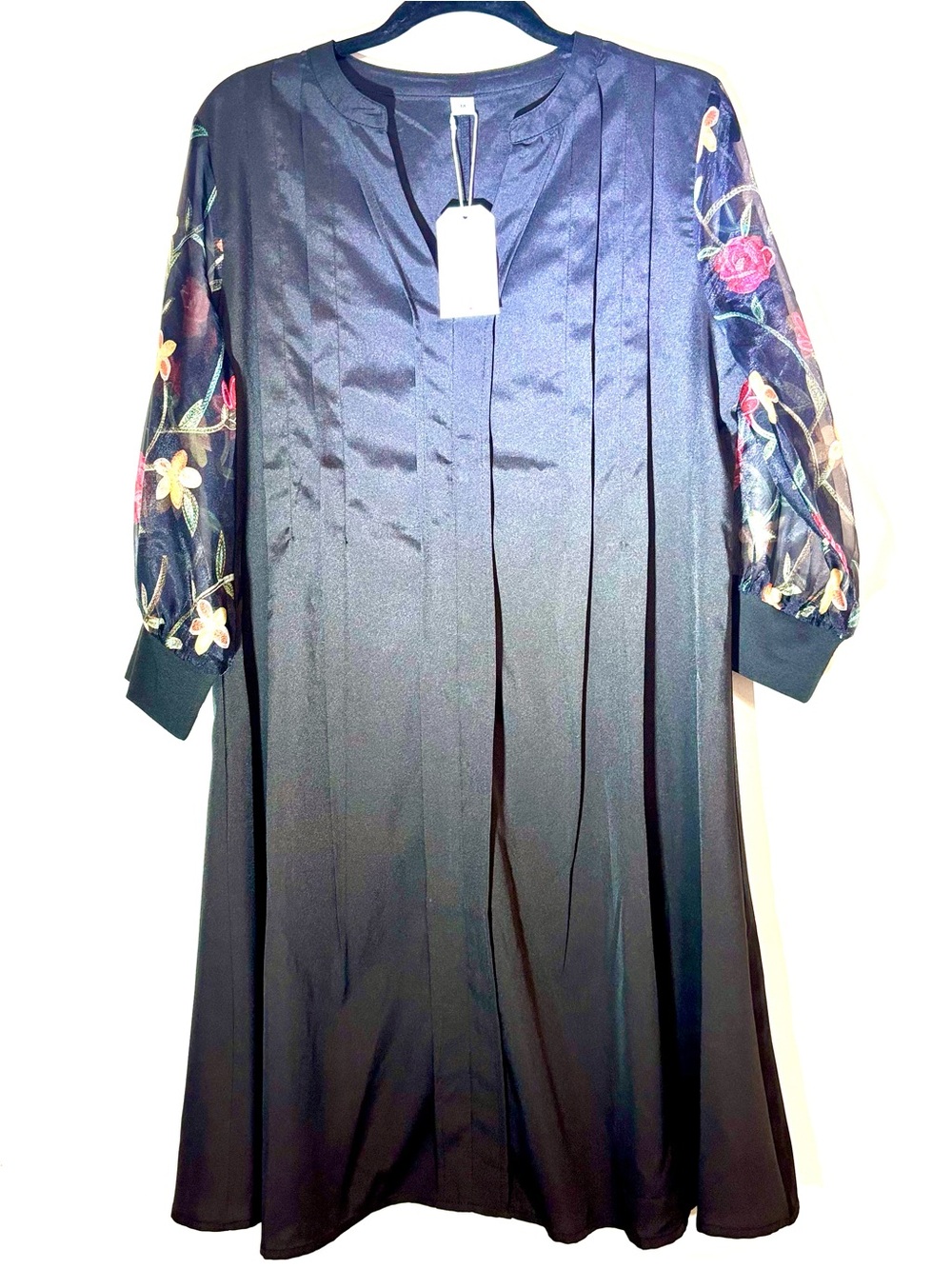Navy Long Dress with Floral Embroidered Sheer Sleeves